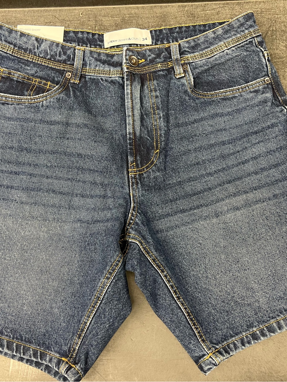 Paper Denim & Cloth Dark Blue Denim Shorts with Yellow Stitching